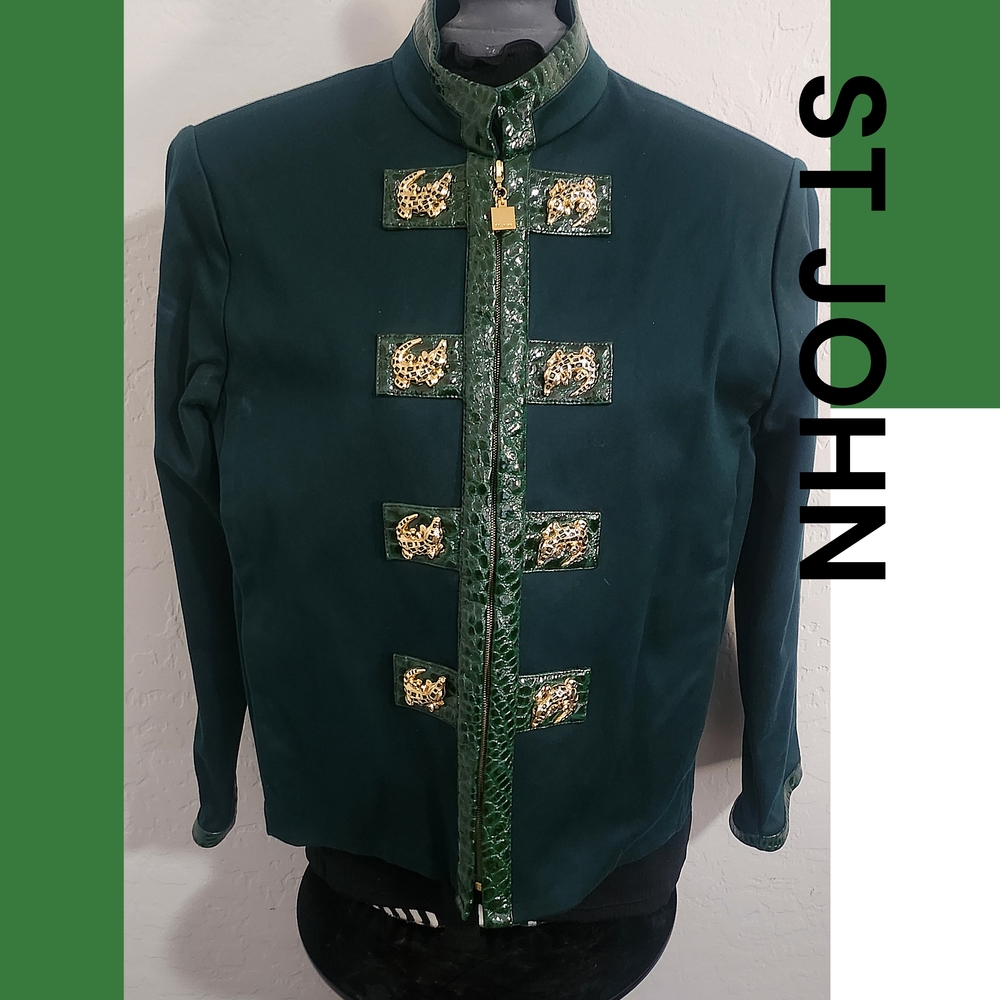 St. John Dark Alligator Green Military Jacket with Gold Details